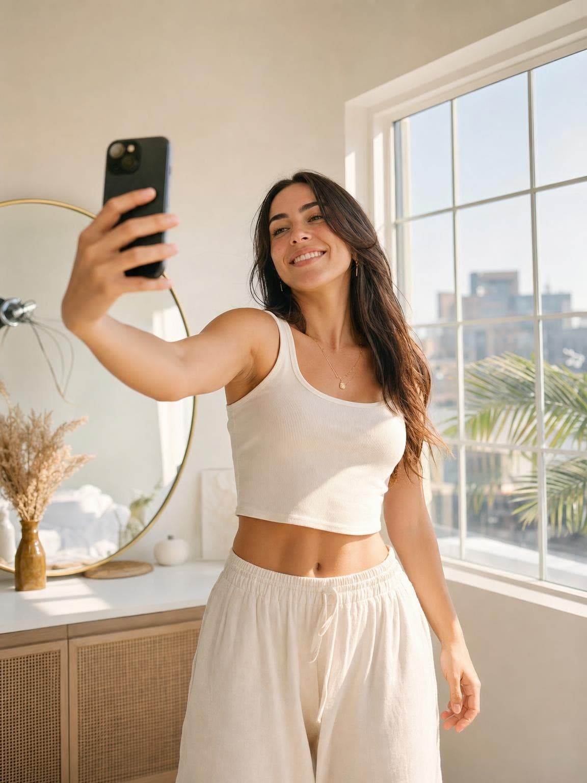 A creator filming content on their phone in a bright modern room