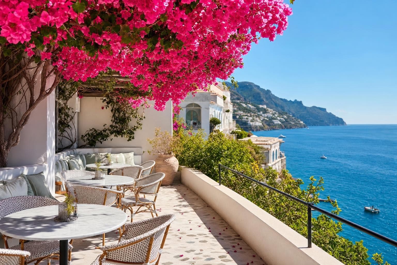 Saved location, a sunlit cafe terrace