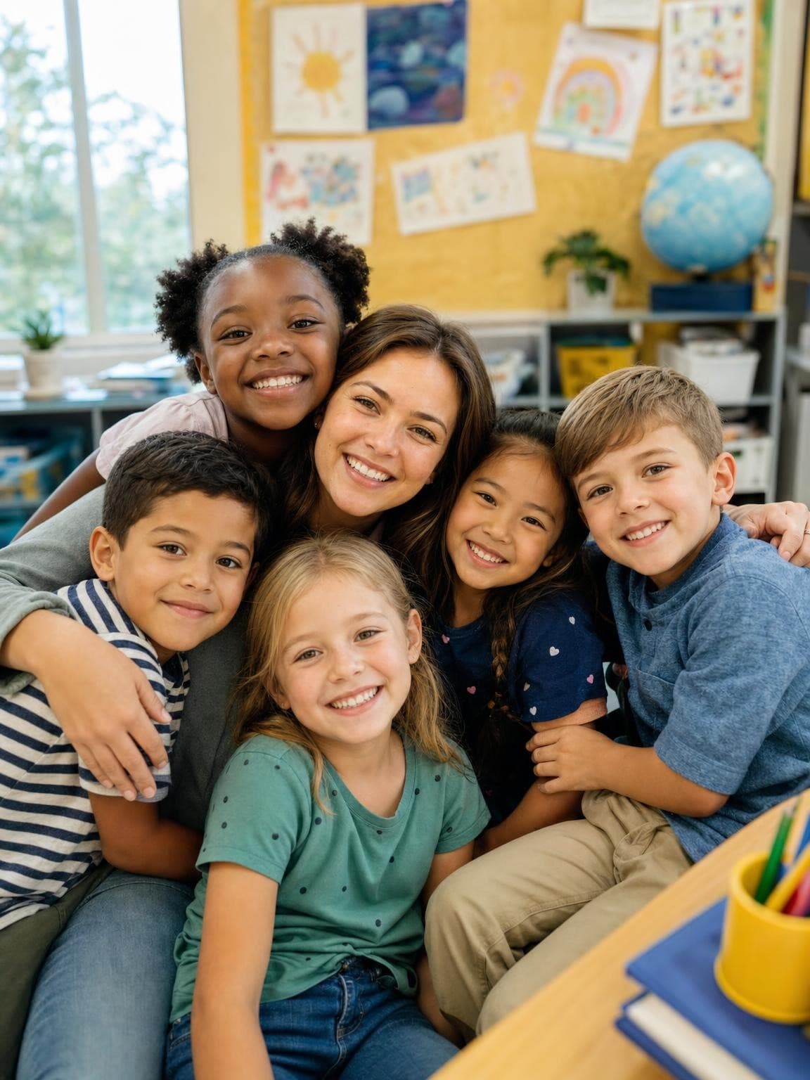 Schoolchildren smiling with their teacher in a bright classroom