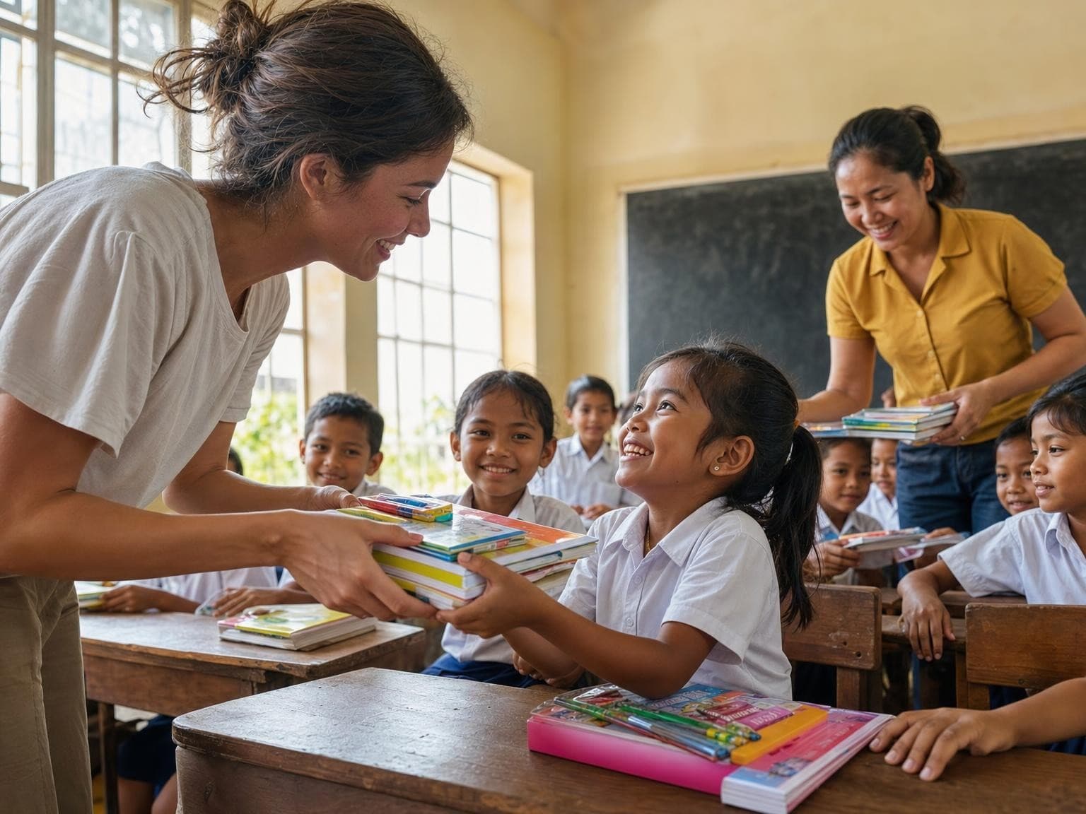 A volunteer and teacher handing books and school supplies to smiling children